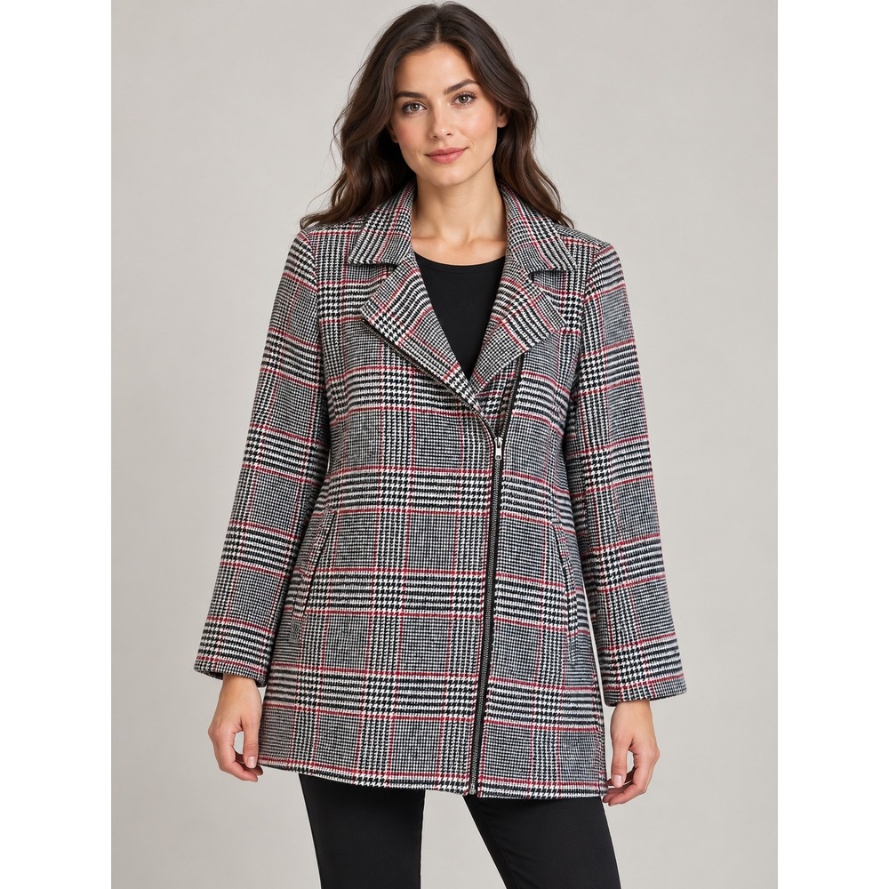 BB Dakota Coat Women Medium Black Red Glen Plaid Asymmetrical Zip Dark Academia